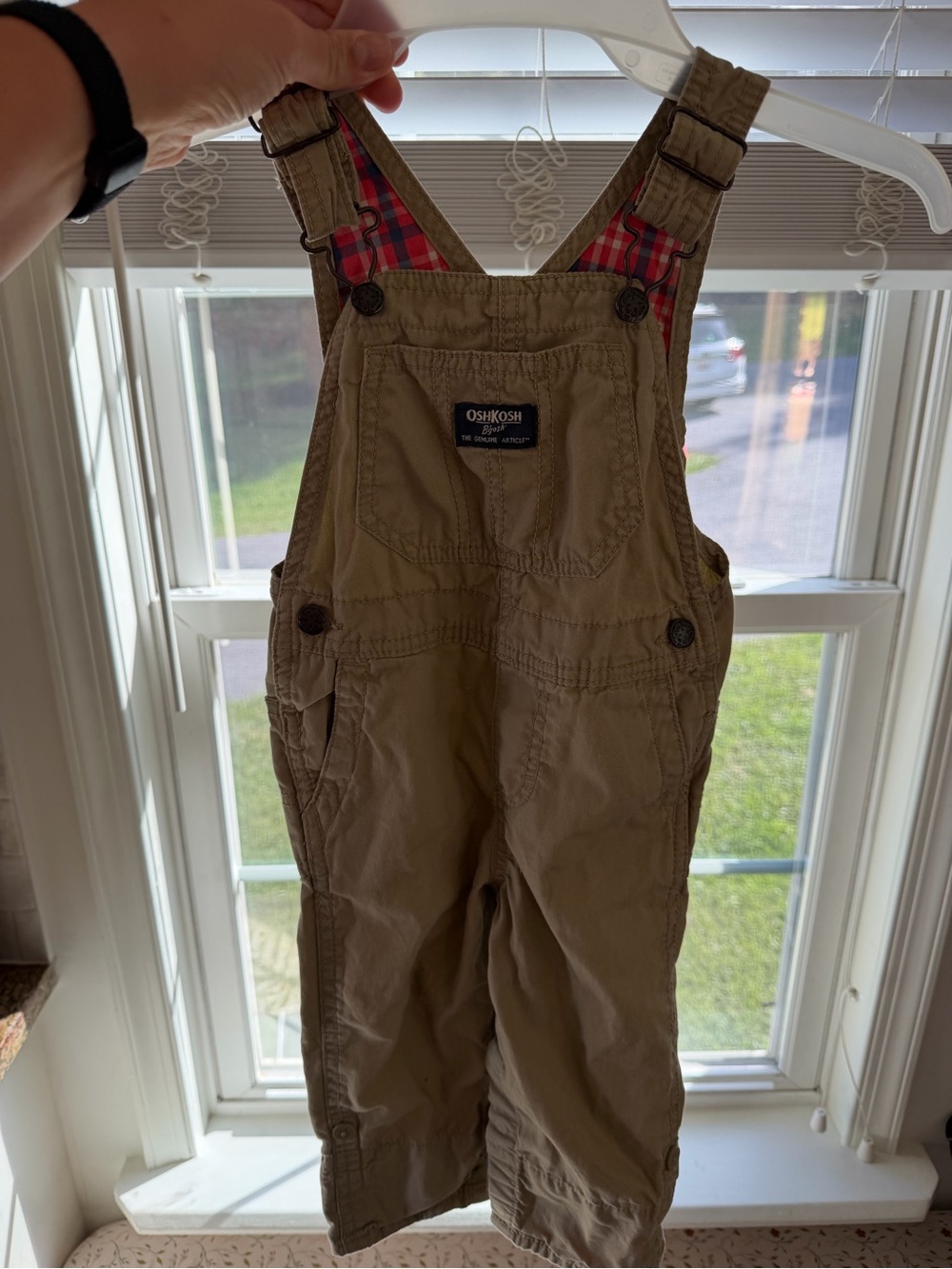 OshKosh B'gosh Tan Overalls with Red Plaid Lining